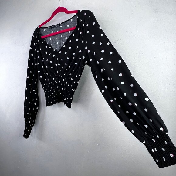 Abercrombie & Fitch Polka Dot Crop Top S Black Smocked V Neck Long Sleeve Blouse - Picture 2 of 7